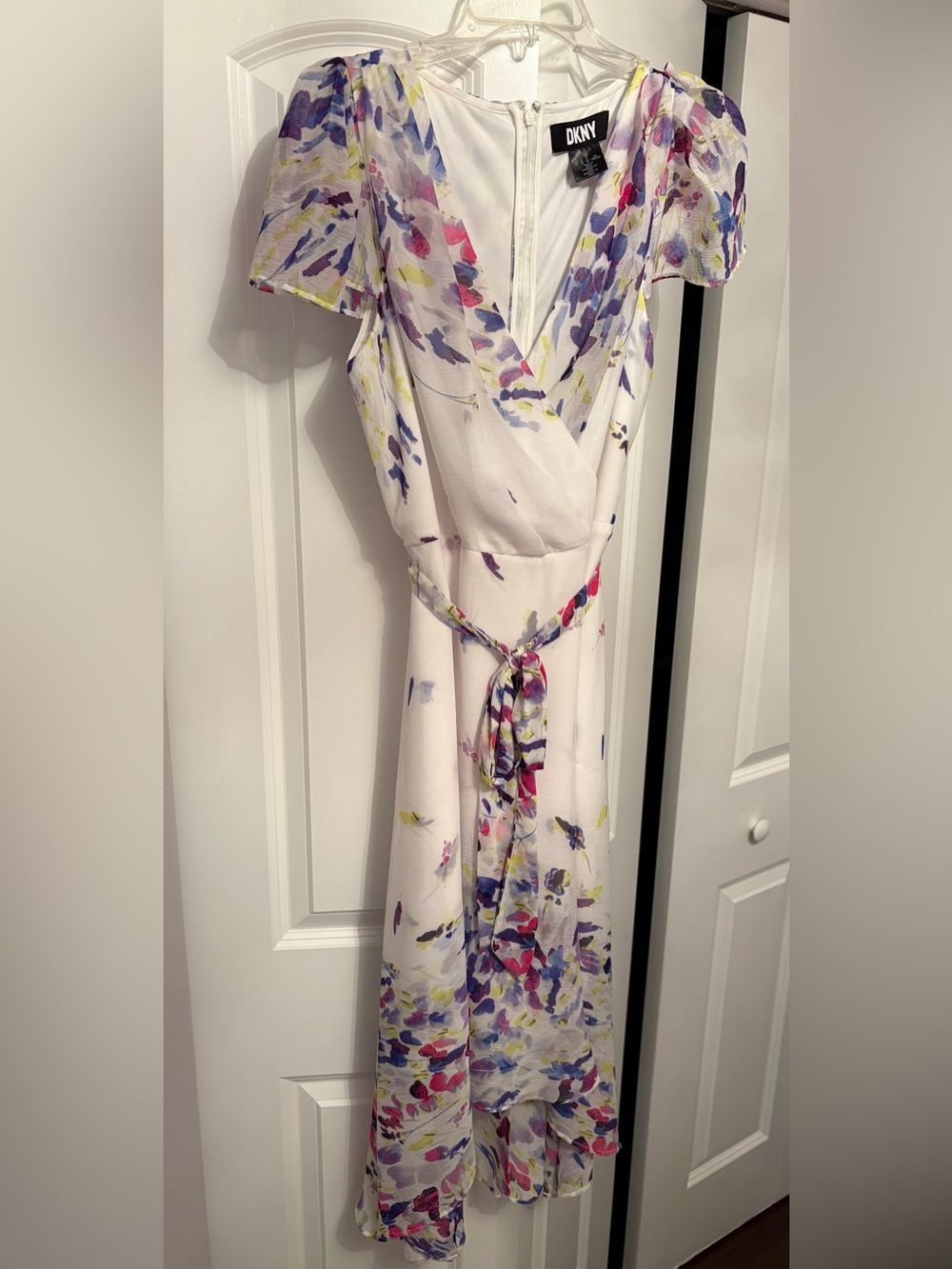 Dkny White Wrap Midi Dress with Purple, Pink & Yellow Floral Accents